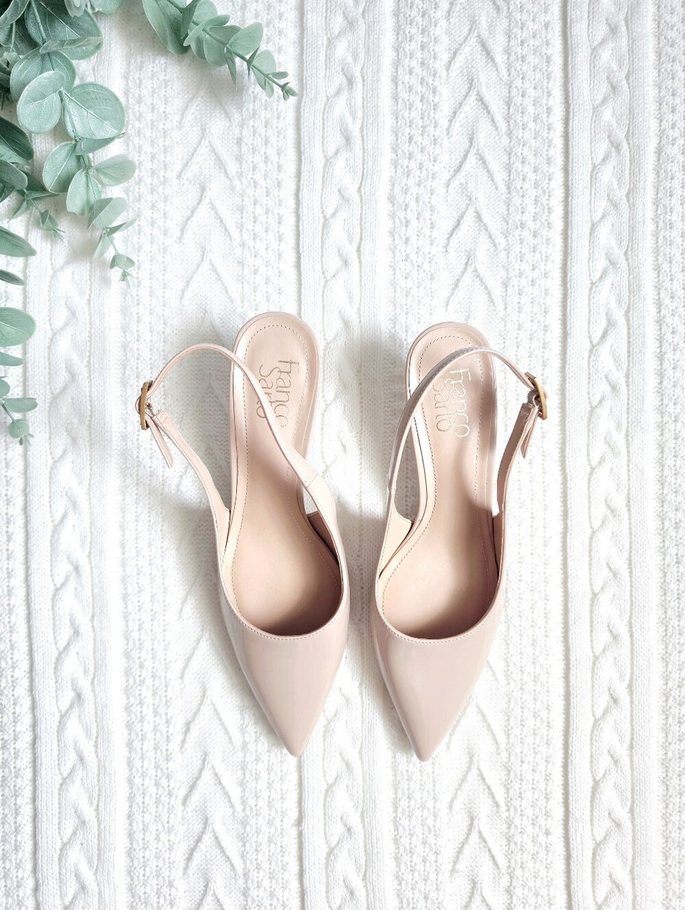 Franco Sarto Kate Slingback Kitten Heel Pumps Pointed Toe Patent Beige 8 NWOB - Picture 2 of 11